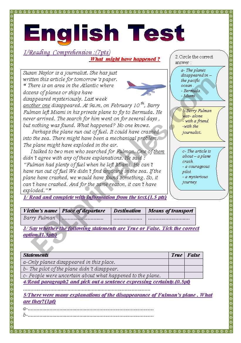 English Test (3 parts): Reading Comprehension/Grammar+ Vocabulary/Writing