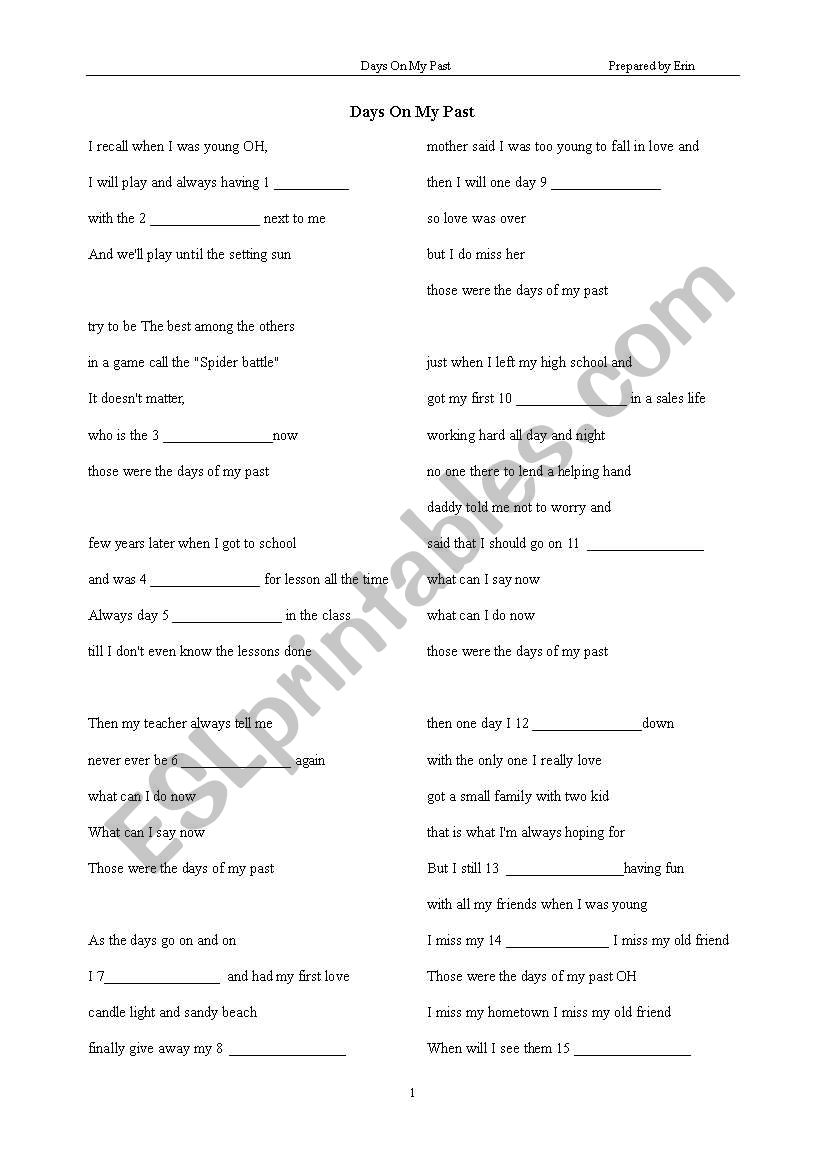 song: days on my past worksheet
