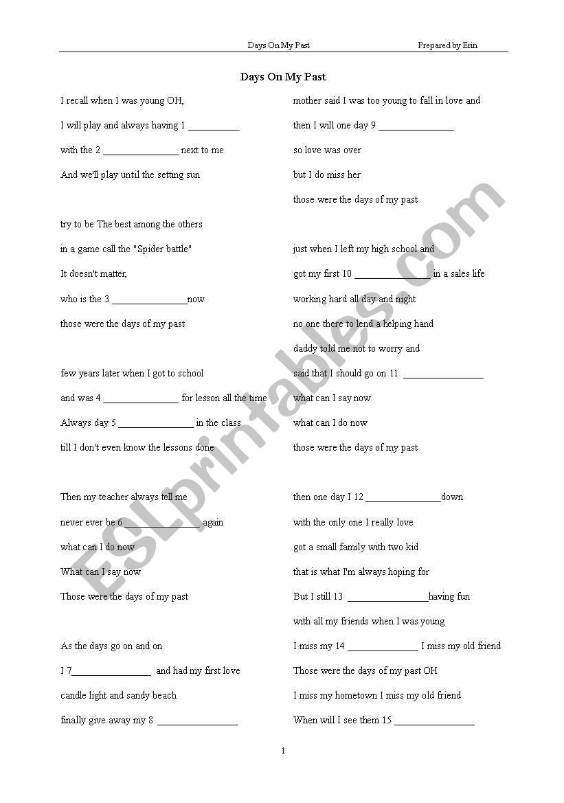 song: days on my past worksheet