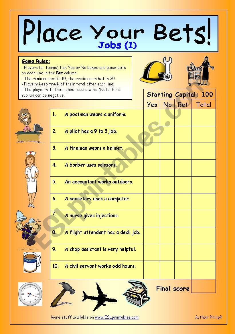 Place Your Bets - Jobs (Easy) worksheet