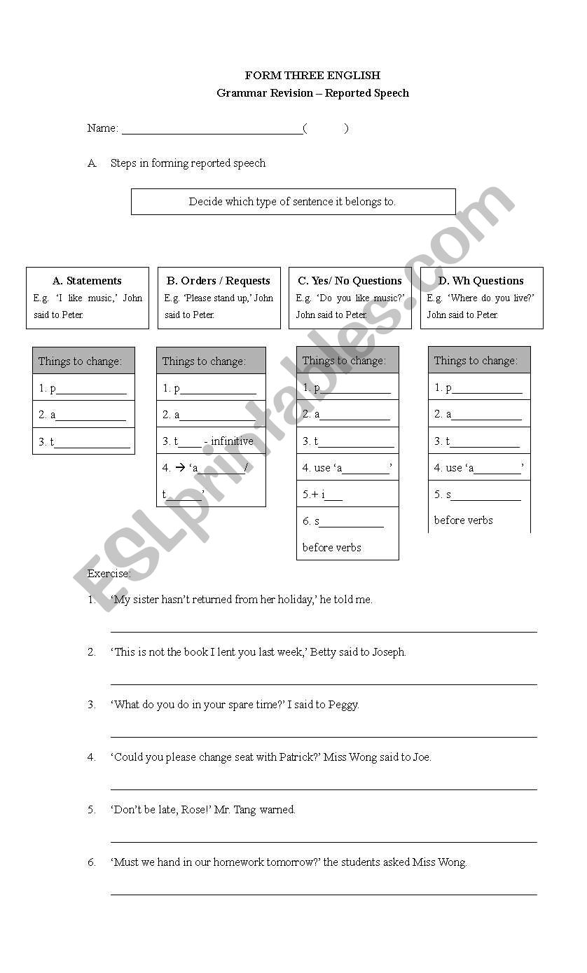 reported speech summary worksheet