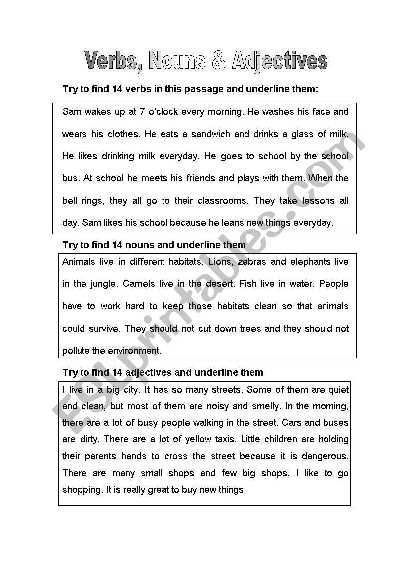 Verbs, Nouns and Adjectives worksheet