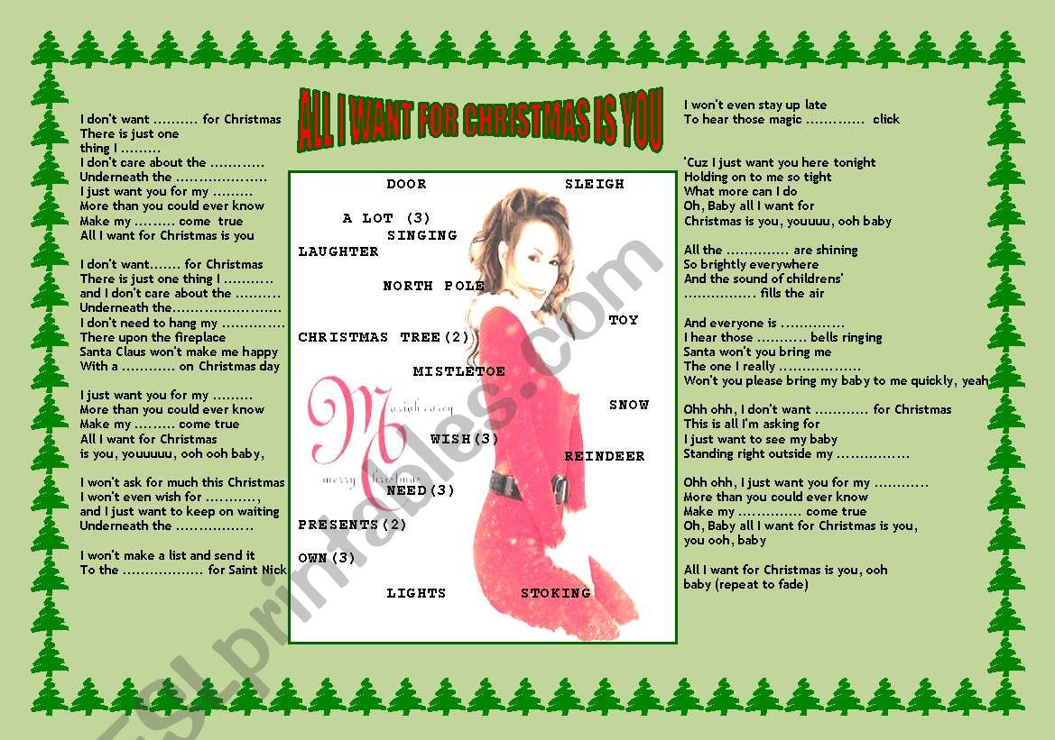 ALL I WANT FOR CHRISTMAS IS YOU(MARIAH CAREY SONG) - ESL worksheet by rottenmayer
