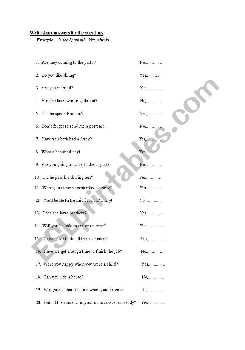 testing short answers (tags) worksheet
