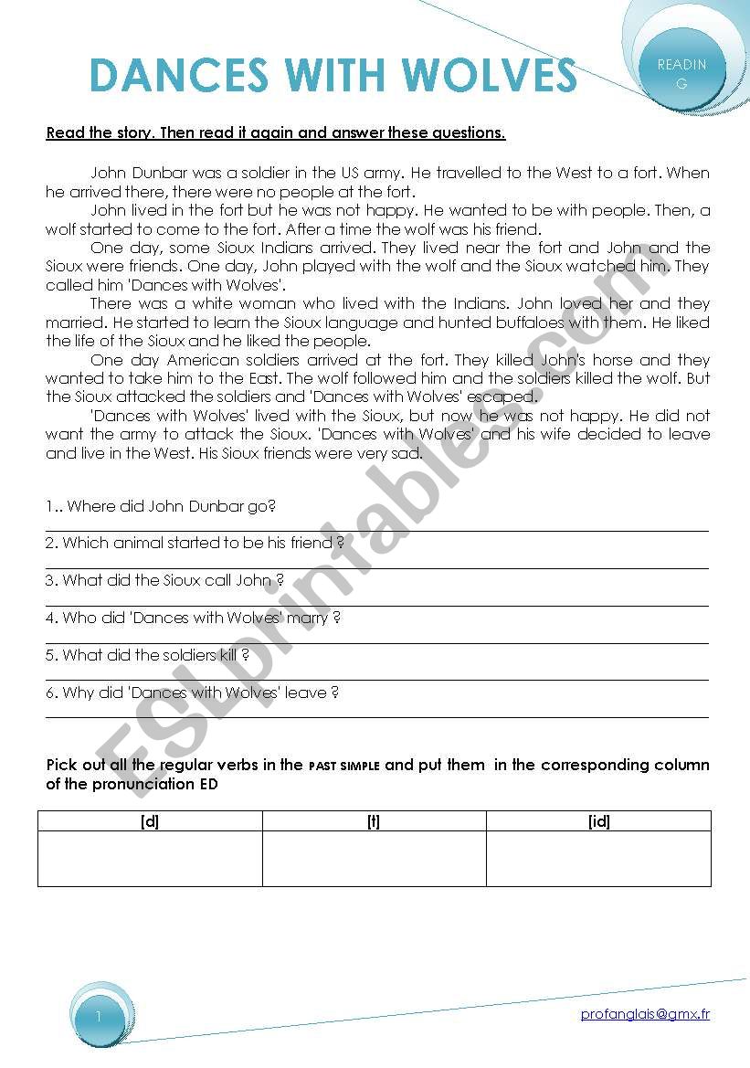 Dances with wolves Reading worksheet