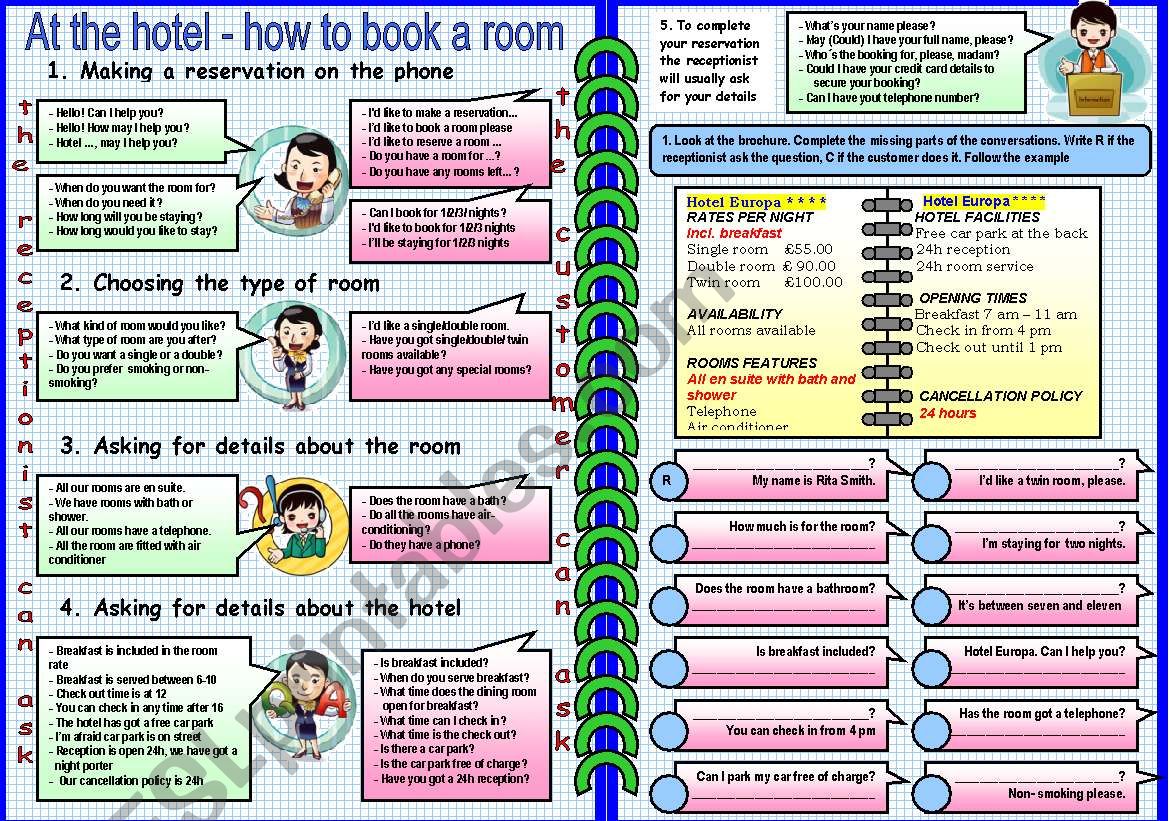 At the hotel - how to book a room (2 pages)