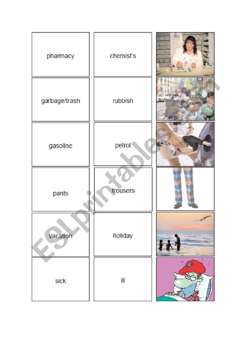British English /American English - Board Game - Picture Cards 2