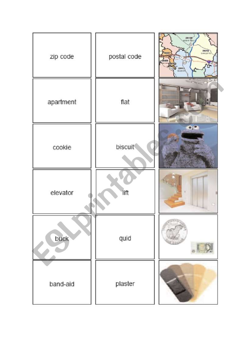 British English /American English - Board Game - Picture Cards 3