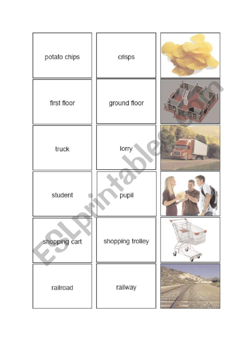 British English /American English - Board Game - Picture Cards 4/5