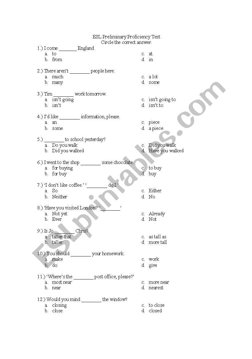 ESL Proficiency Test worksheet