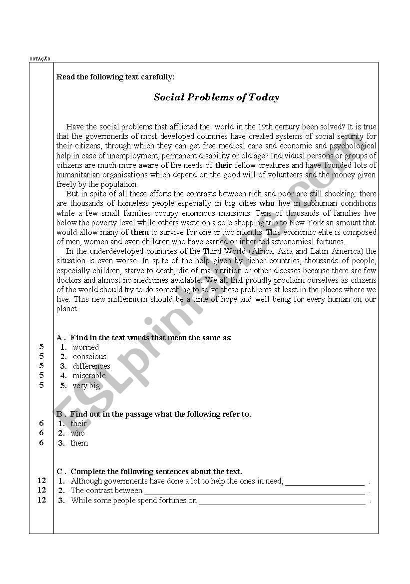 Test on social problems worksheet