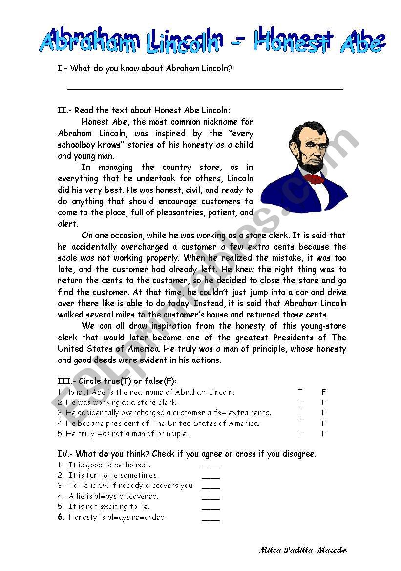 Abraham Lincoln  Honest Abe   ESL worksheet by 20k