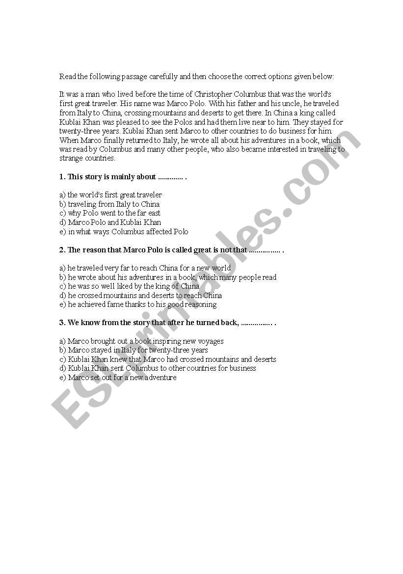 reading comprehension worksheet