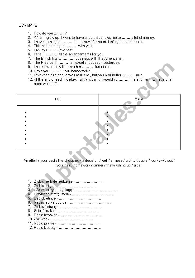 Do or make exercise worksheet