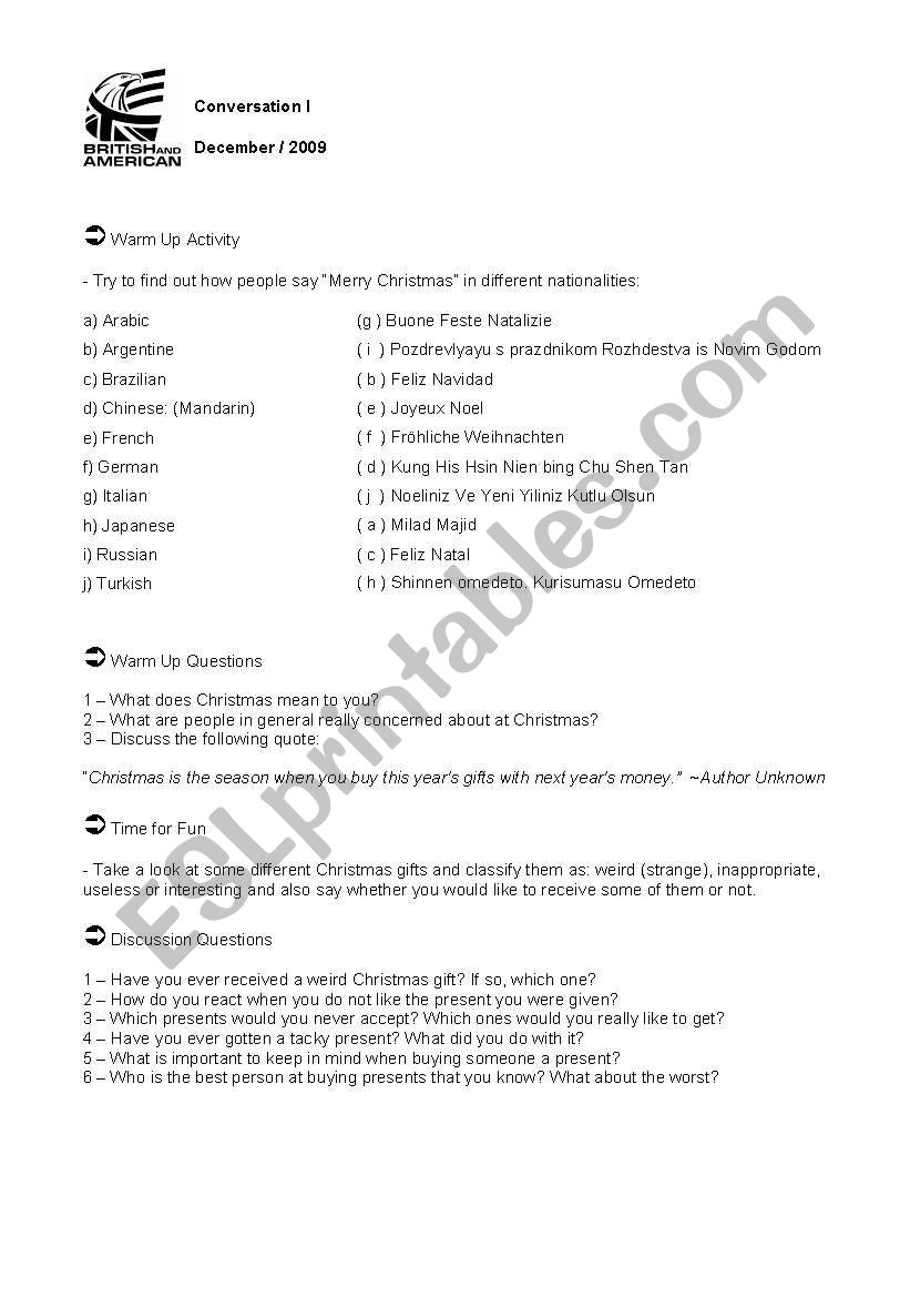 Conversation Class About Christmas Discussing Strange And Useless Presents Creative Presents And Consumerism Teacher S Copy Esl Worksheet By Daniellemotta