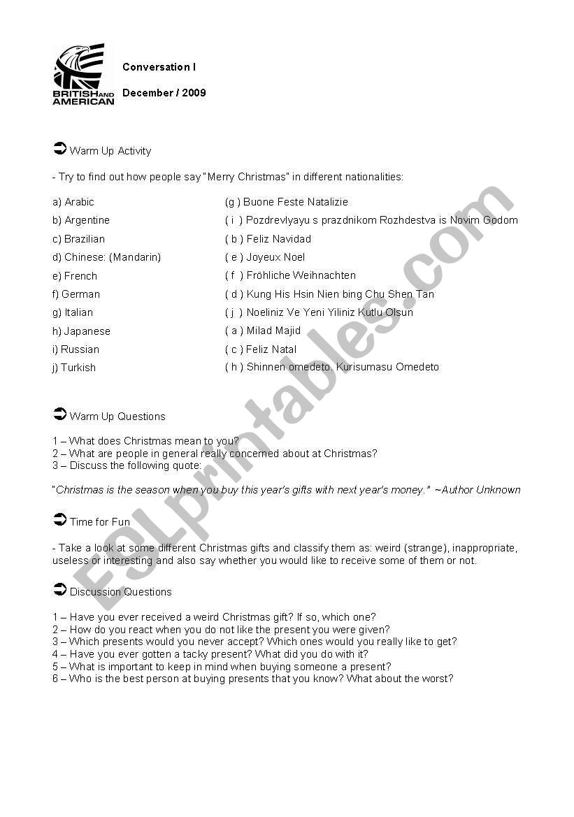Conversation class about Christmas discussing strange and useless presents, creative presents and consumerism (Teachers copy)