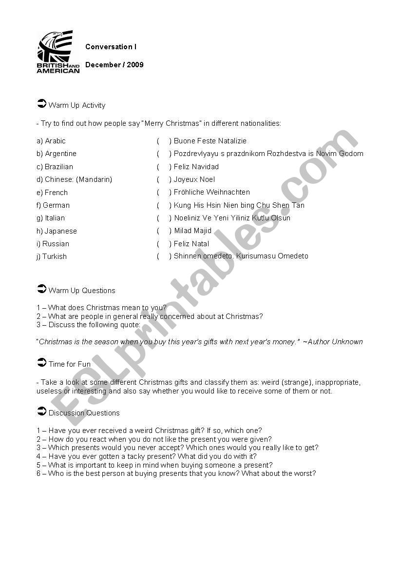 Conversation class about Christmas discussing strange and useless presents, creative presents and consumerism (StudentÂ´s copy)