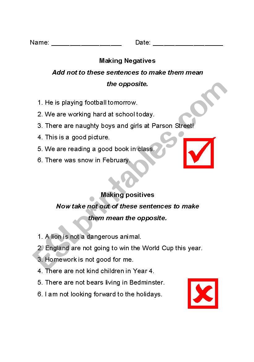 Negative and Positive worksheet