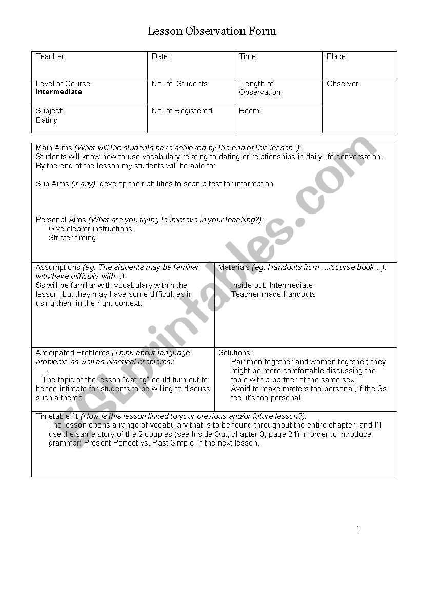 Inside Out - Dating worksheet