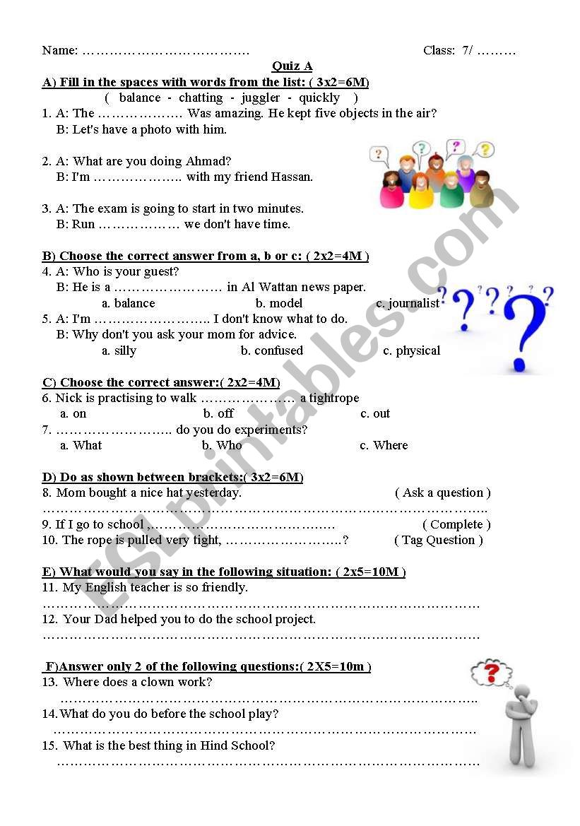 a short quiz worksheet