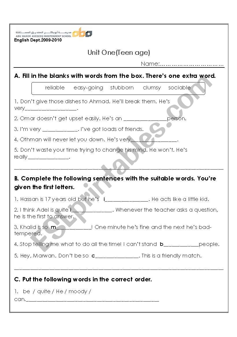 Teen Age worksheet