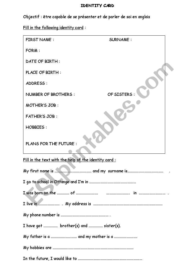 Identity card worksheet