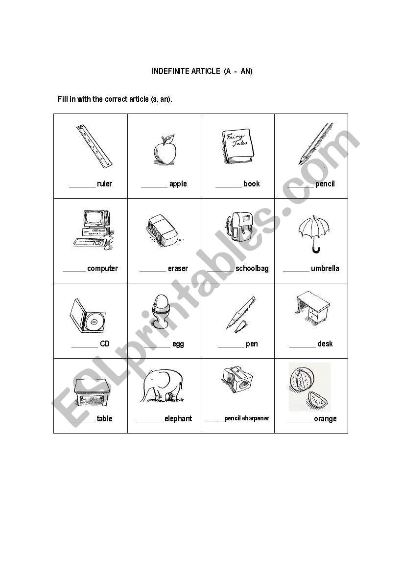 indefinite article worksheet