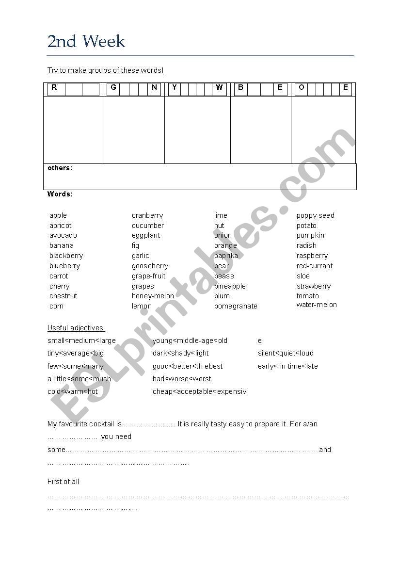 fruits, vegetables, cocktails worksheet