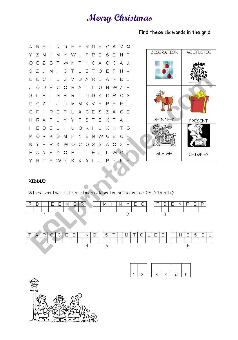 xmas wordsearch and riddle worksheet