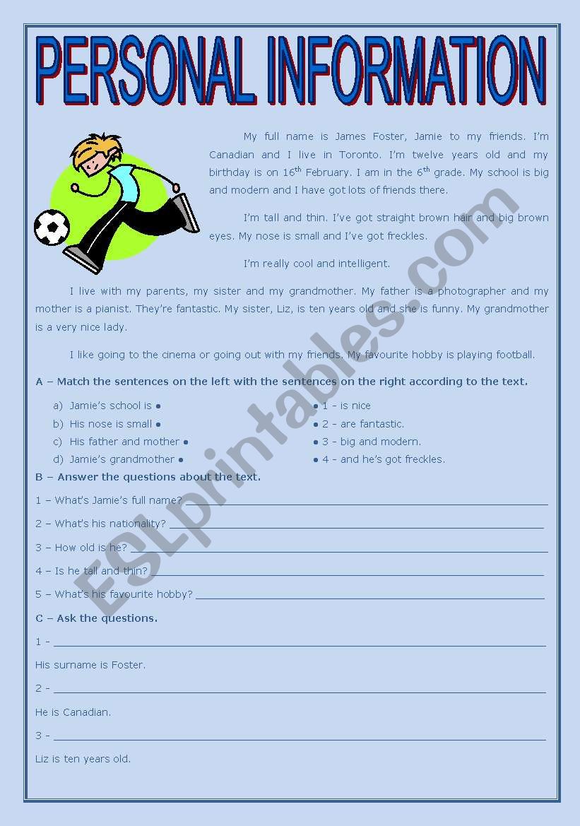 Personal information worksheet