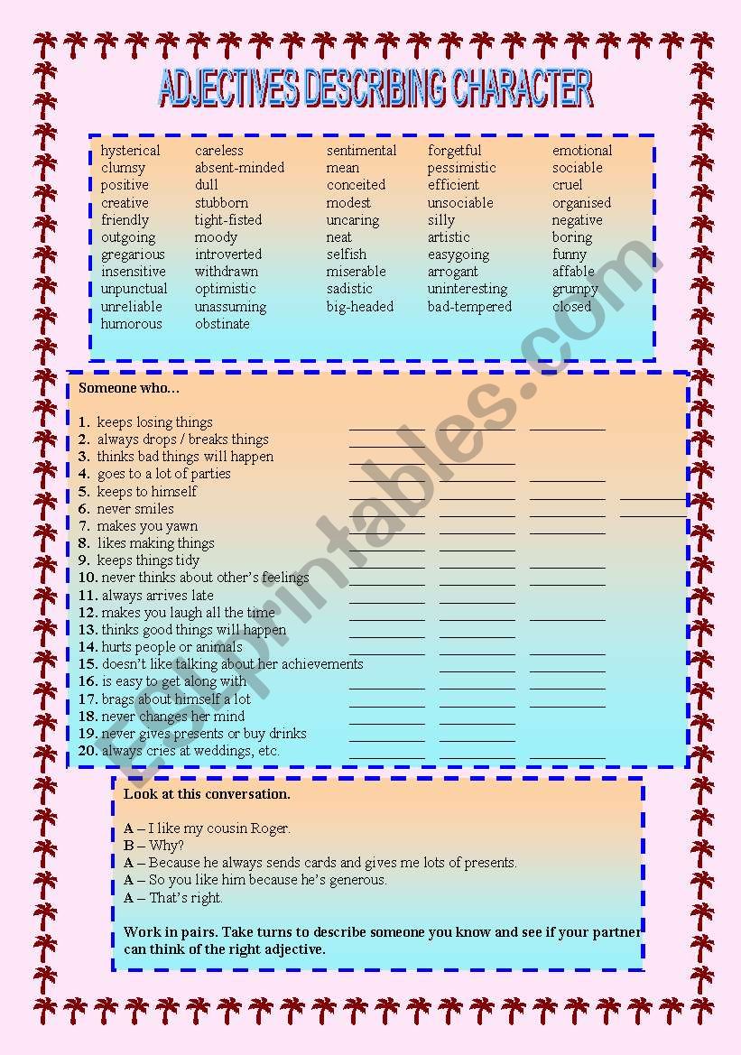 Character Adjectives worksheet