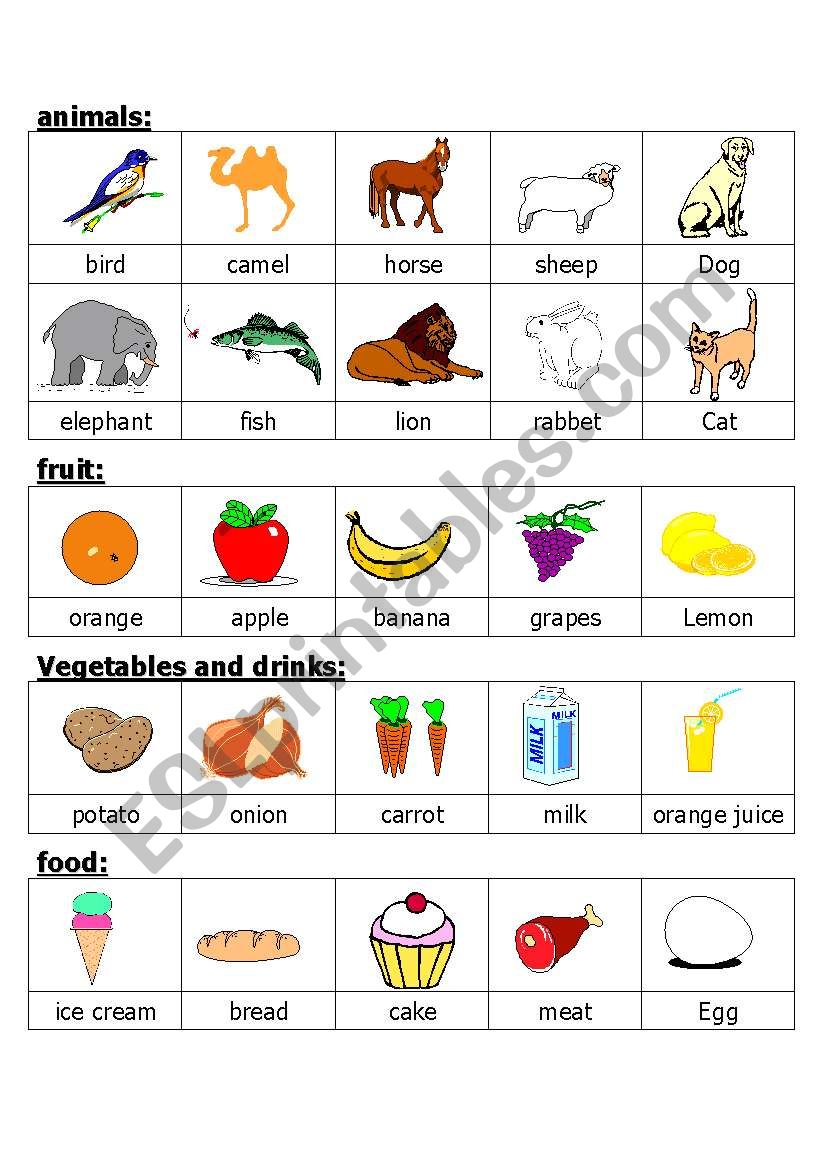 animals fruits and vegetable worksheet