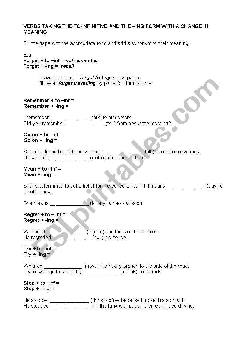 VERBS TAKING THE TO-INFINITIVE AND THE ING FORM WITH A CHANGE IN MEANING