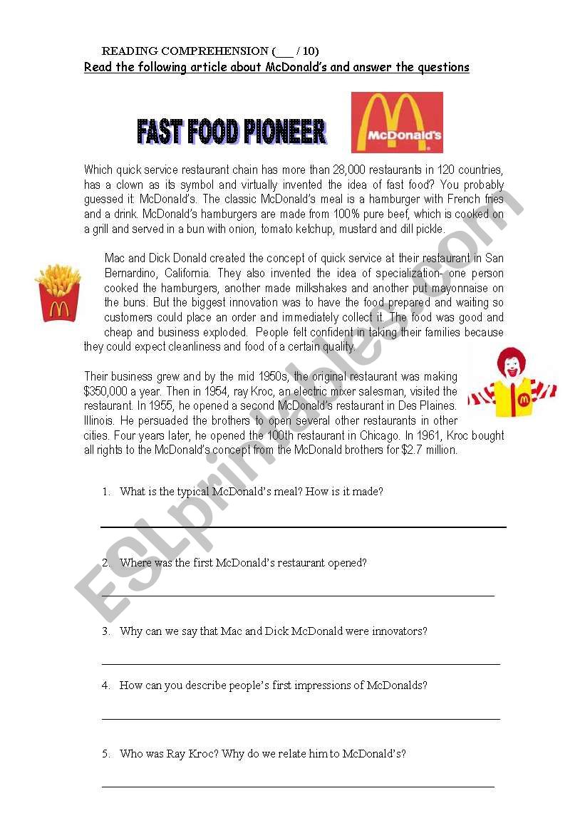 Fast food pioneer worksheet