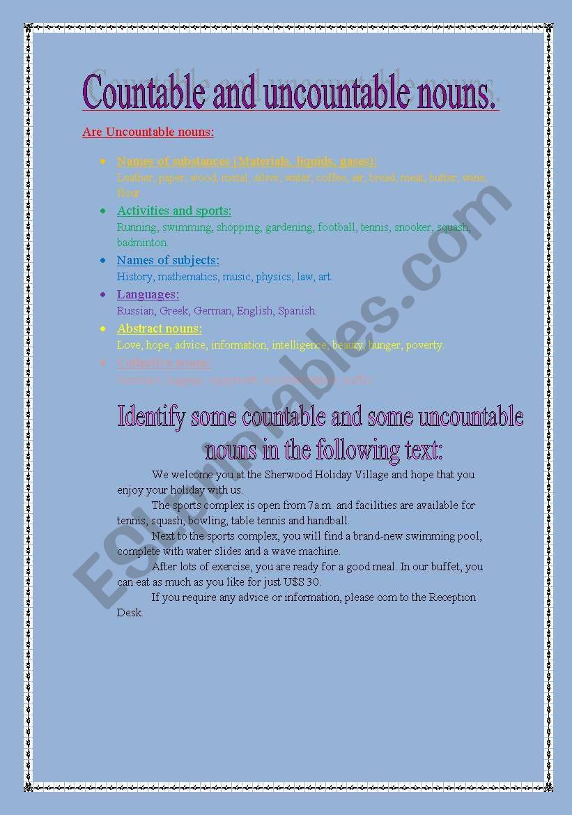 Countables and uncountable nouns.