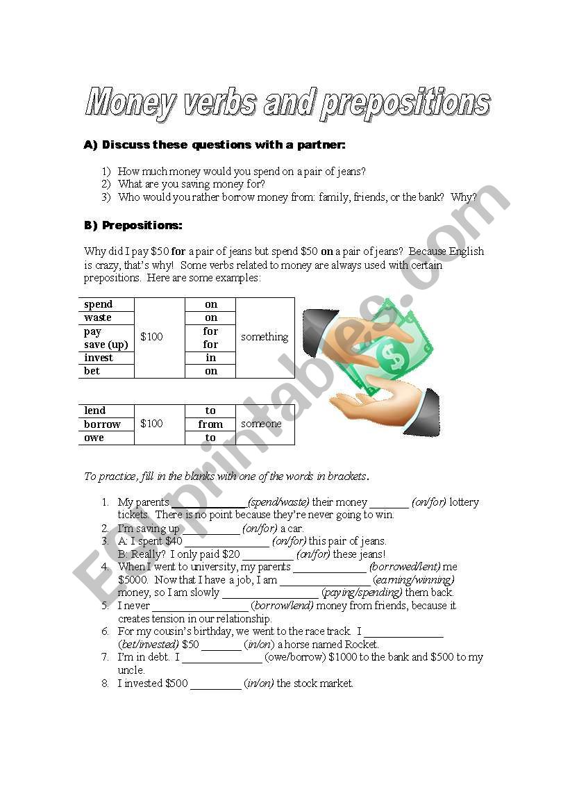 Money Verbs and Prepositions worksheet