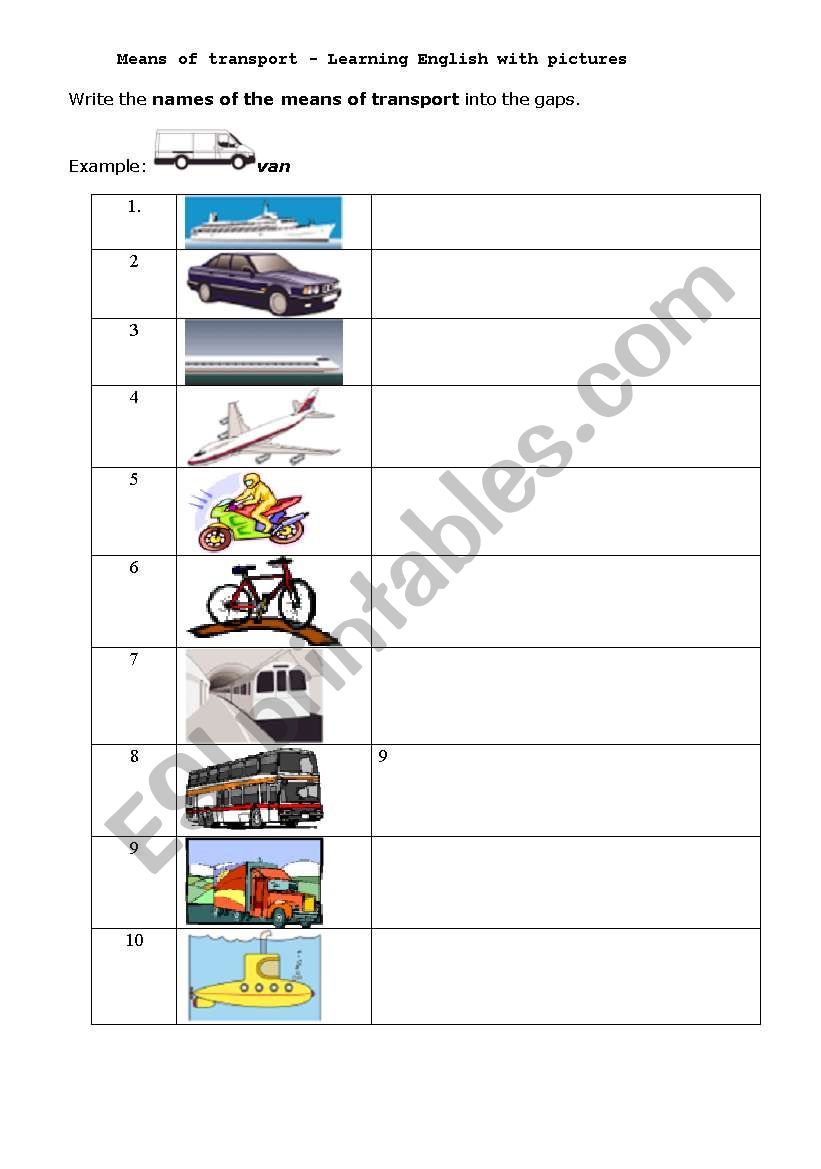 Means of transport worksheet