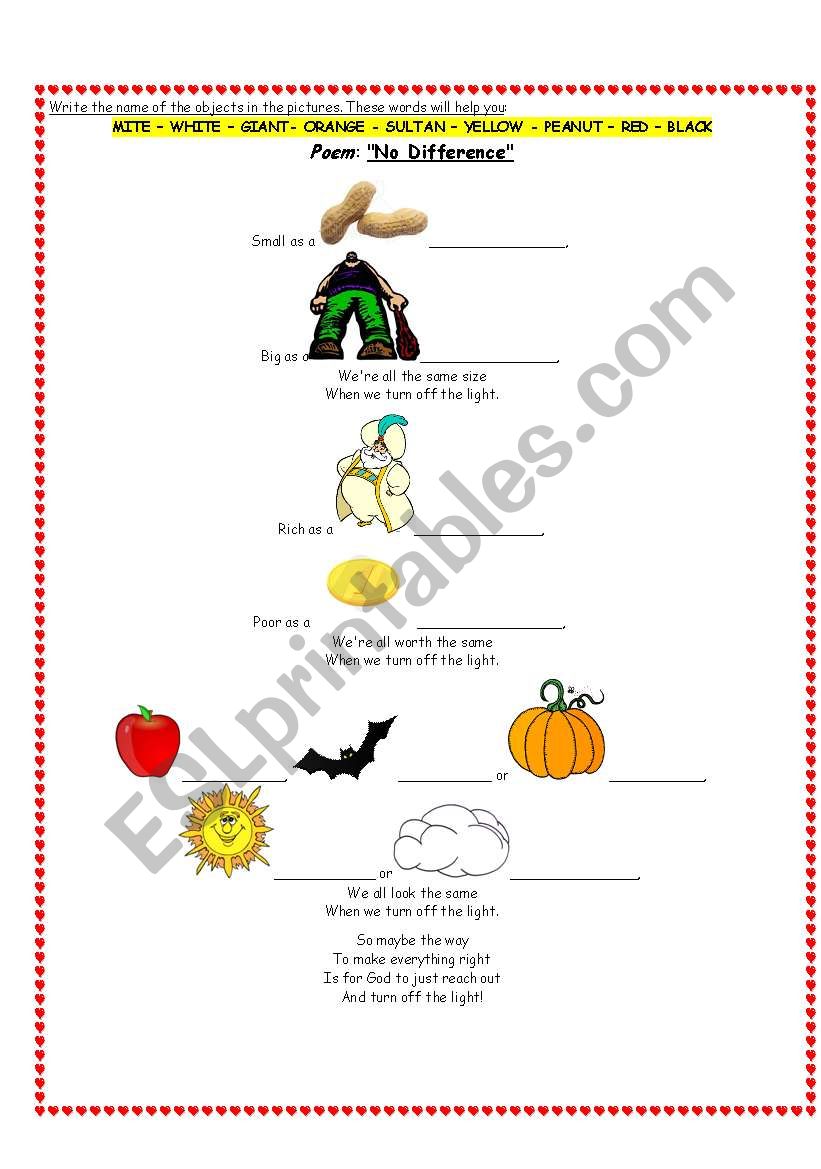 poem: No Difference worksheet