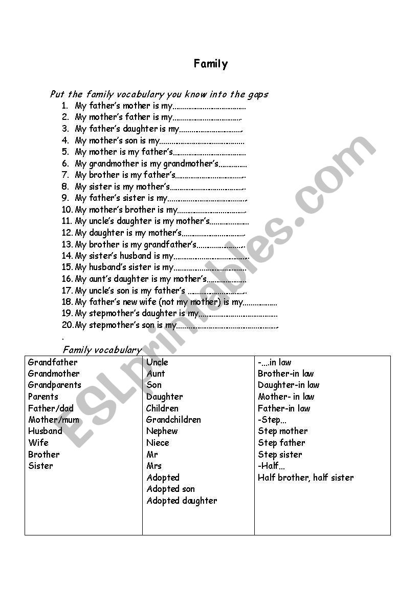family worksheet