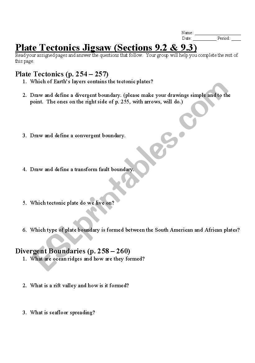 English Worksheets Plate Tectonics Jigsaw