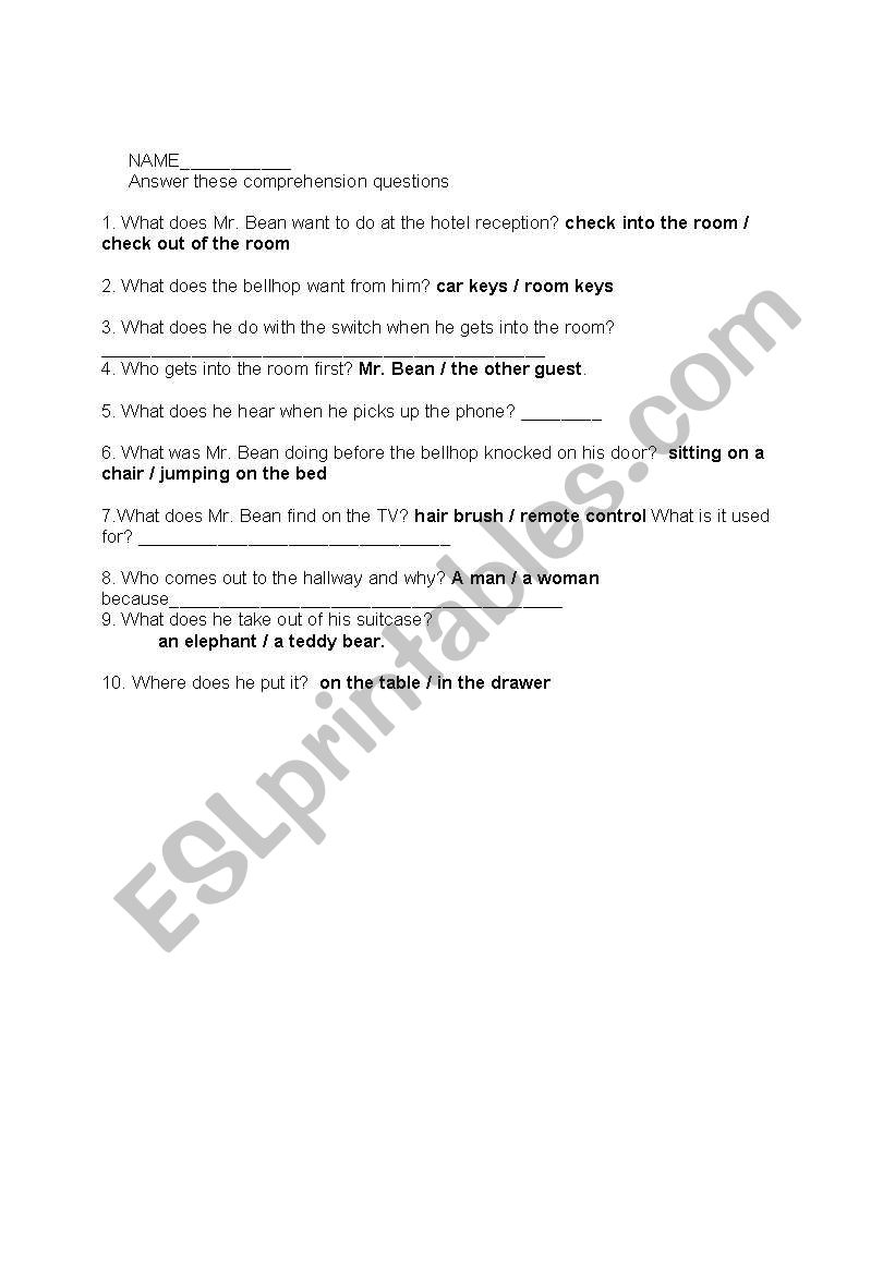 Mr. Bean Room 426 worksheet
