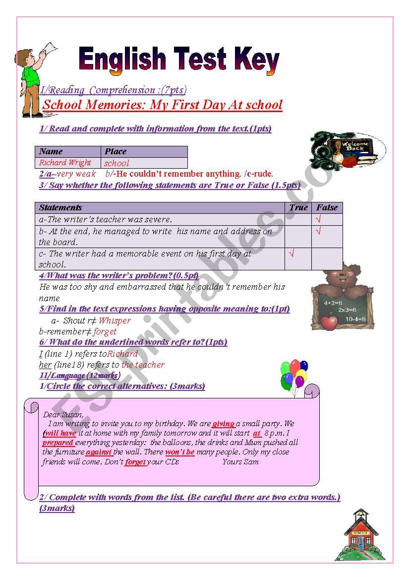 English test Key : SCHOOL MEMORIES MY FIRST DAY AT SCHOOL