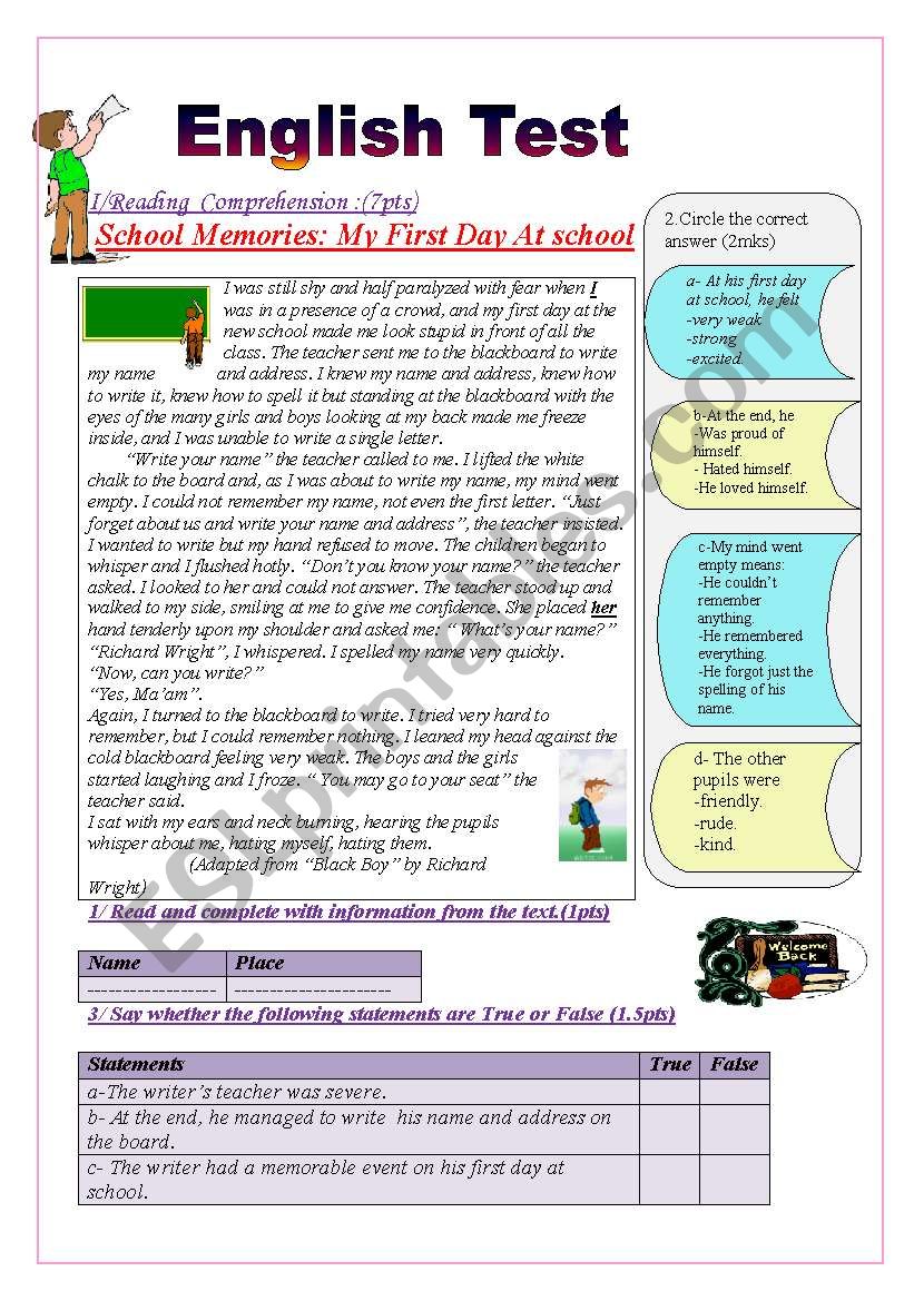 English Test(9th form end of term 1 tst(Reading+ Writing))(3 parts): Reading Comprehension: School Memories: MY FIRST DAY AT SCHOOL/ Grammar +Vocabulary tasks/ Writing :write about one or two of  your school memories.