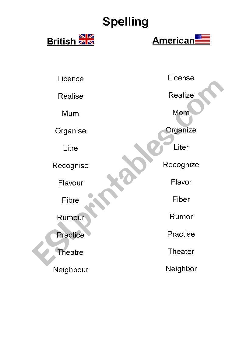 British vs American spelling worksheet