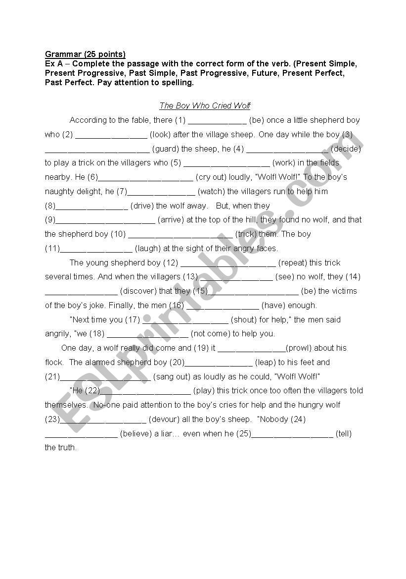 Grammar - The Shepherd boy worksheet