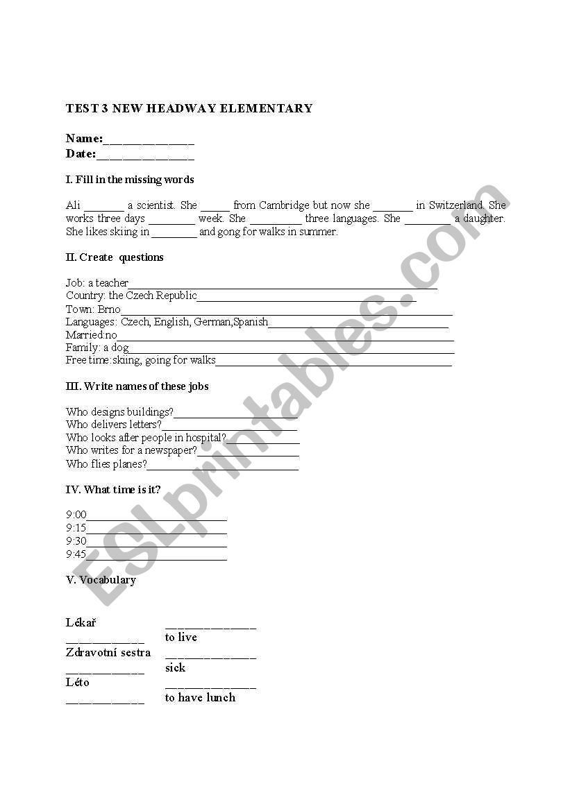 TEST  NEW HEADWAY ELEMENTARY worksheet