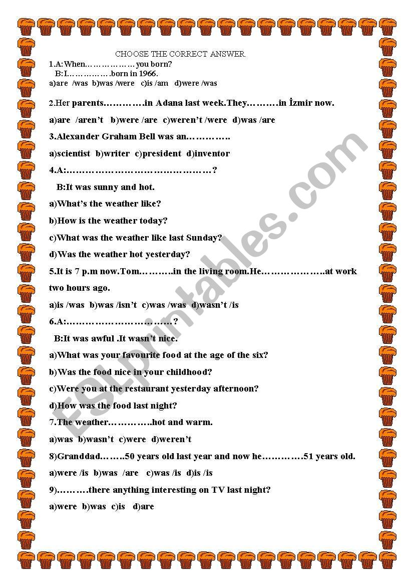 PAST FORM OF VERB TO BE  worksheet
