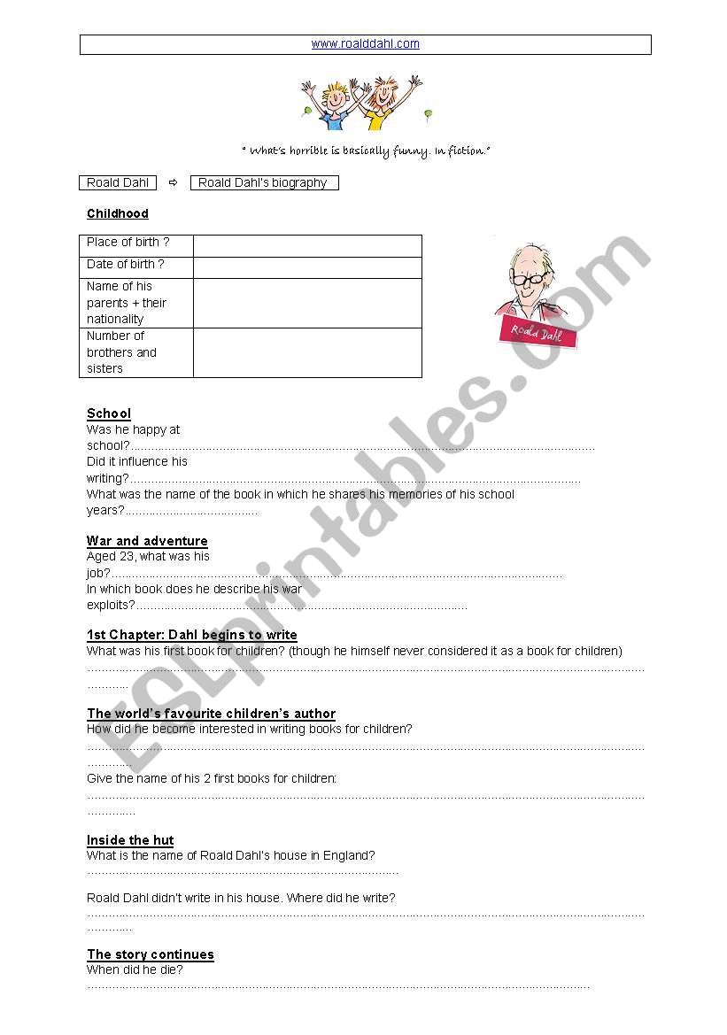 Roald Dahl Webquest worksheet