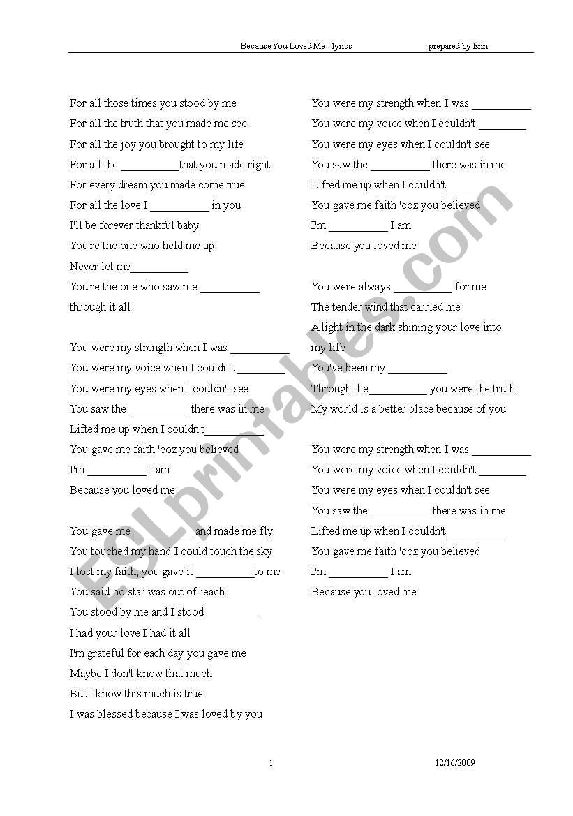 song: because you loved me worksheet