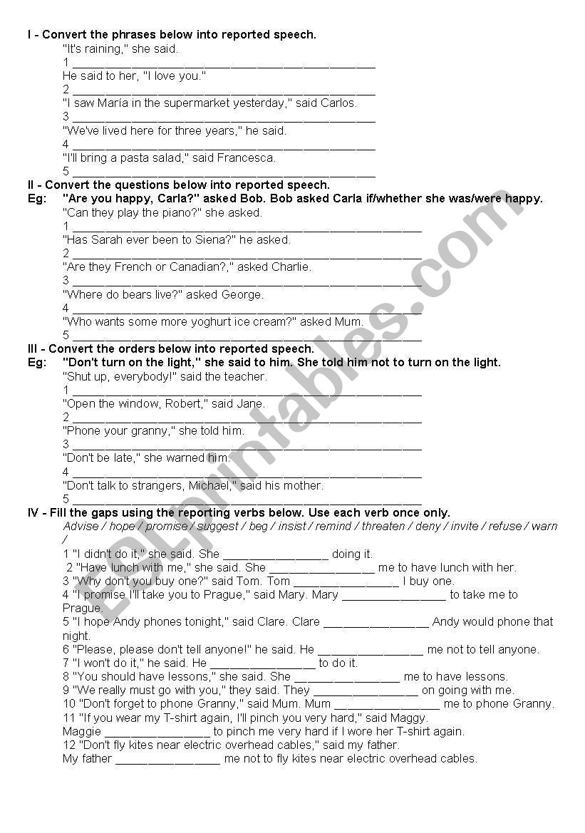 Reported speech worksheet